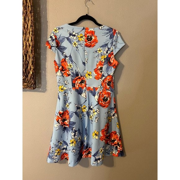 Vince Camuto Dress 12 Blue Orange Floral Stretch Short Sleeve Washable NEW - Picture 11 of 13